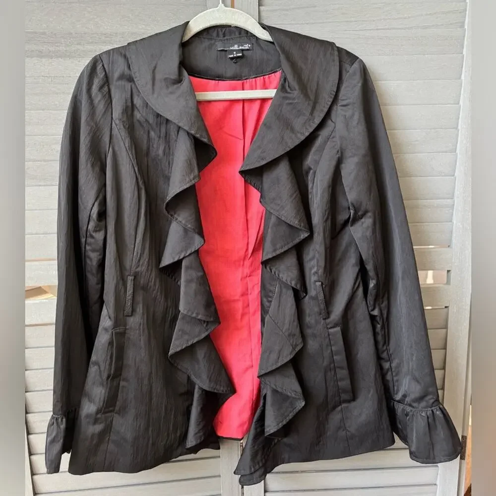 Willi Smith Retro Vintage Black Ruffle Blazer with Red Interior Lining Size S